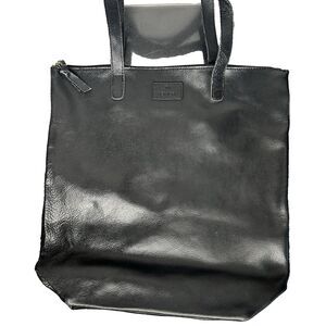 JM New York Large Zippered Leather Tote Shoulder Bag Black 14.5" x 14-1/4" x 4"
